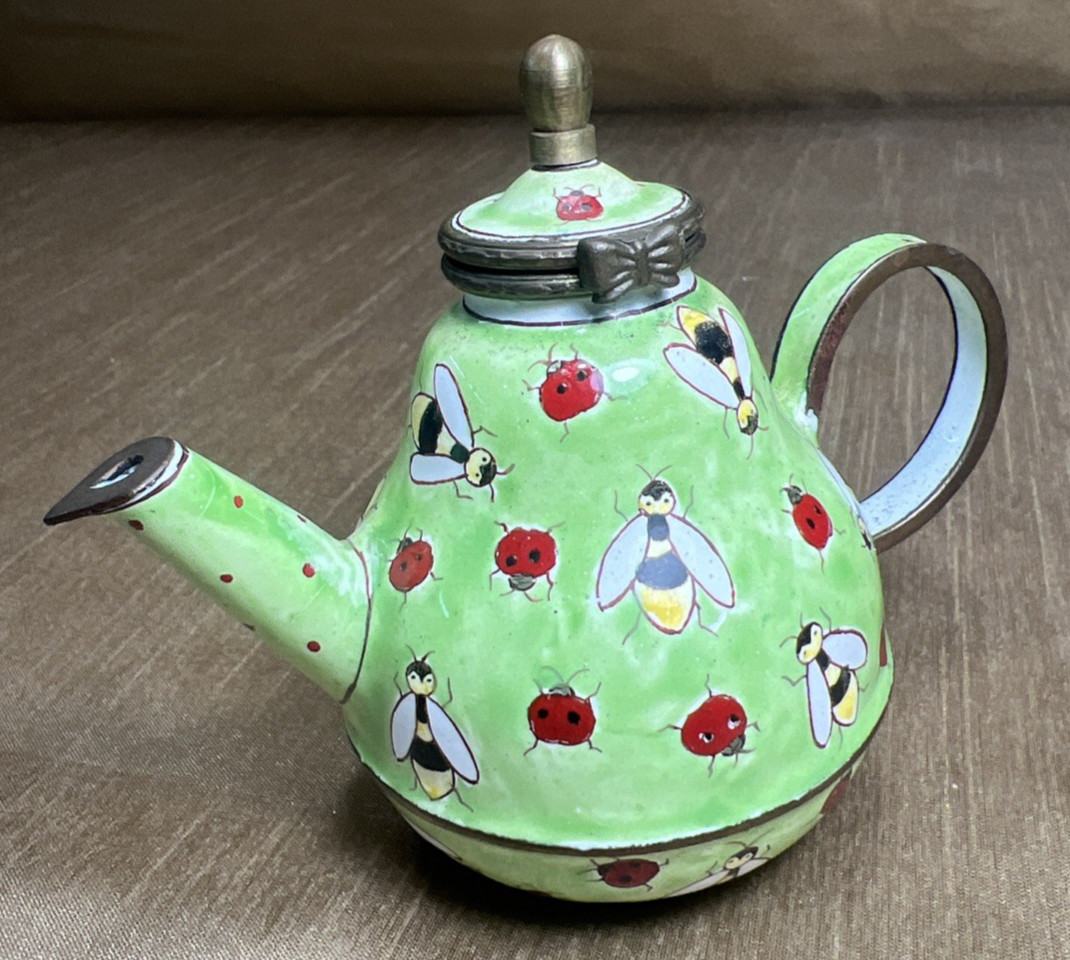 VTG Kelvin Chen Handpainted Enamel Copper Teapot Bees & Ladybugs 1999 Hinged Lid VTG Kelvin Chen Handpainted Enamel Copper Teapot Bees & Ladybugs 1999 Hinged Lid