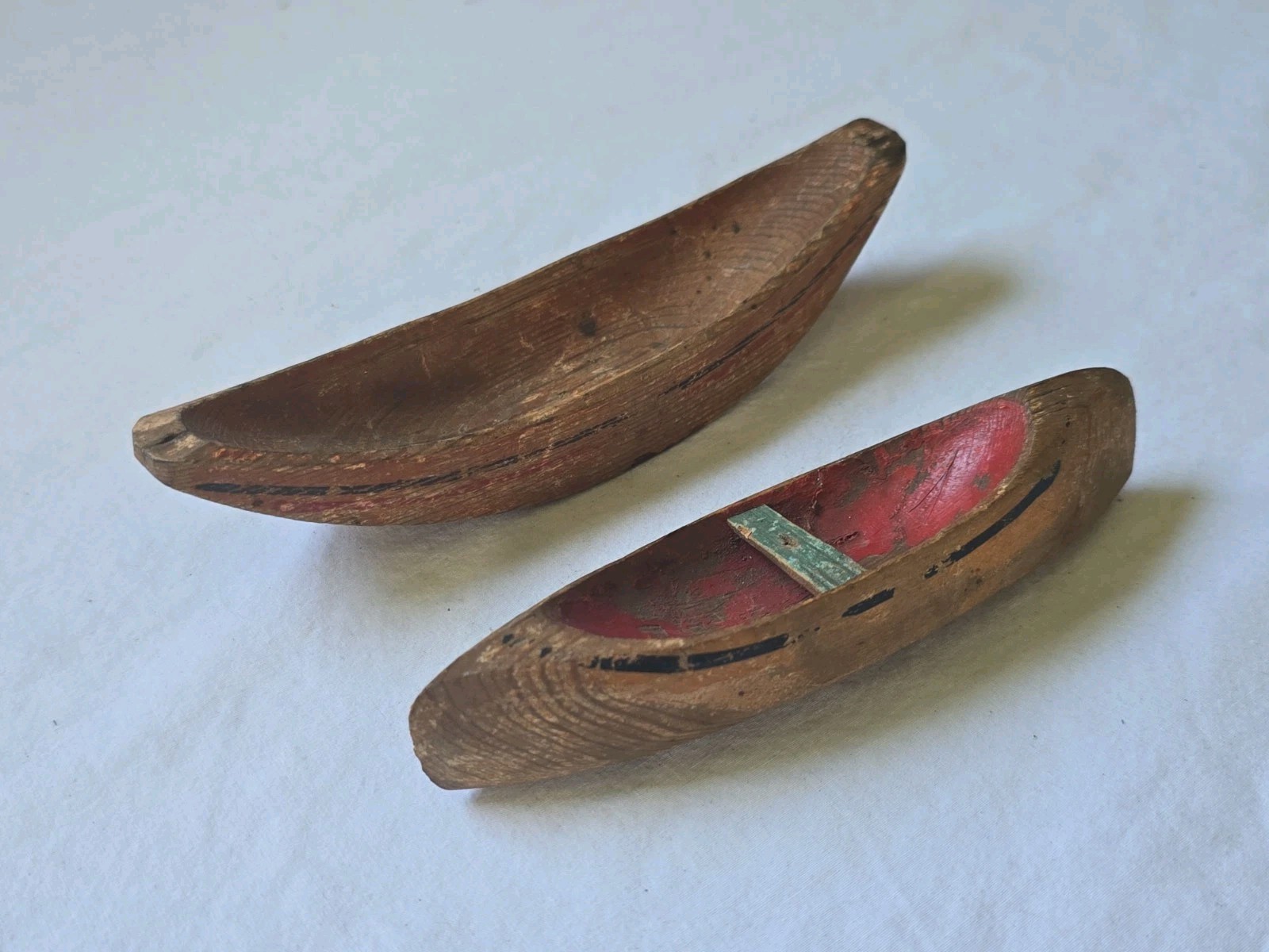 2 Vintage Mini Wooden Canoes Hand Painted Folk Art 6