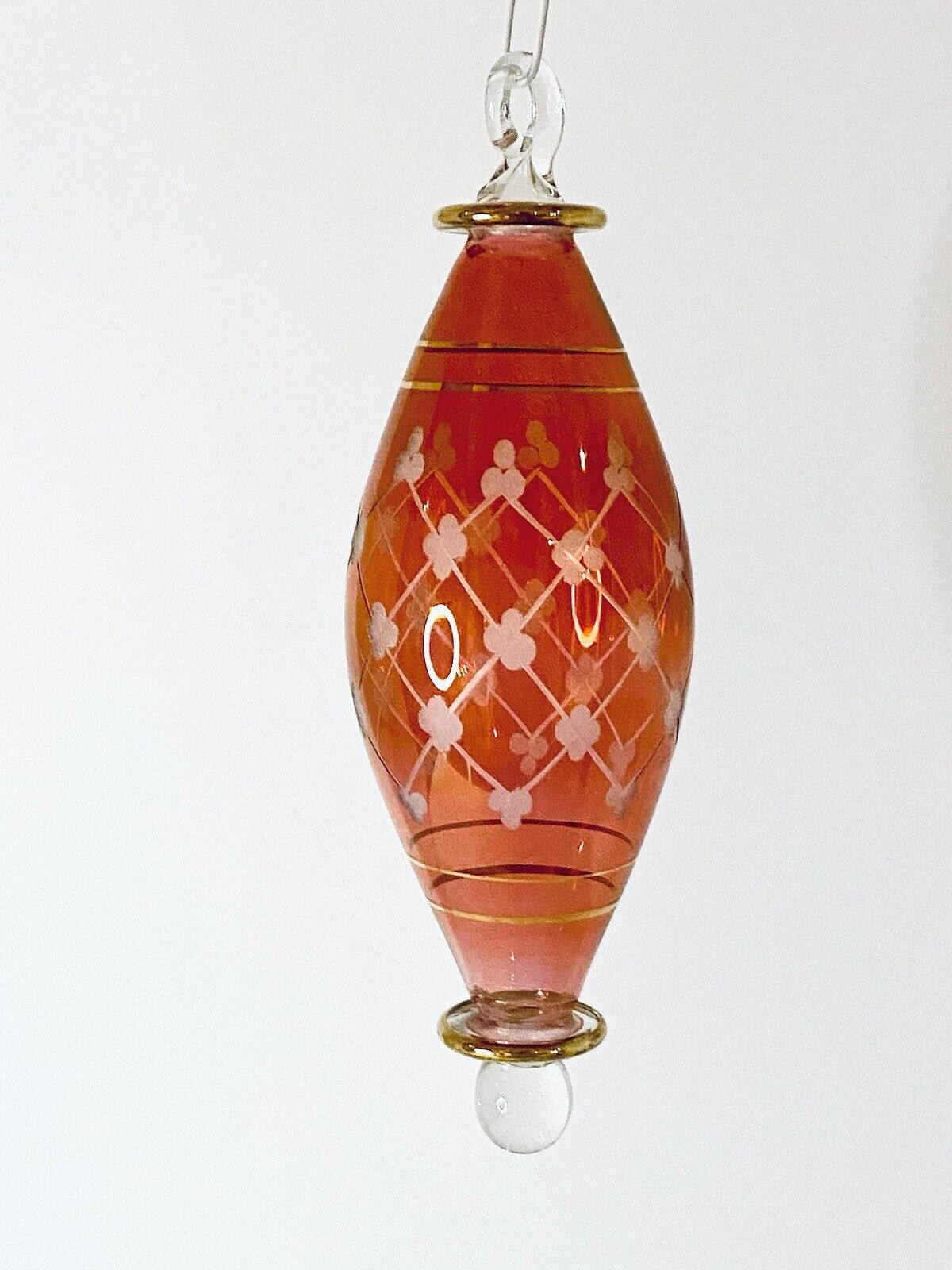 Vintage Bohemian Glass Ornament Etched Cut to Clear Hand Blown Red Teardrop Gold