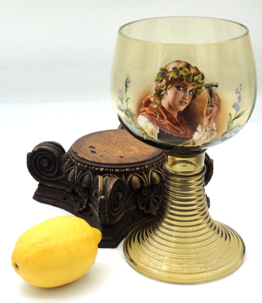Antique Fritz Heckert Jugendstil Enameled Maiden Roemer Art Glass Chalice 10\