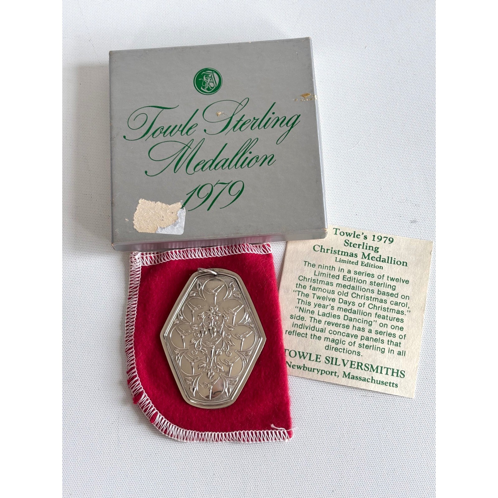Towle 1979 Sterling Christmas Medallion Nine Ladies Dancing Pendant Original Box Towle 1979 Sterling Christmas Medallion Nine Ladies Dancing Pendant Original Box