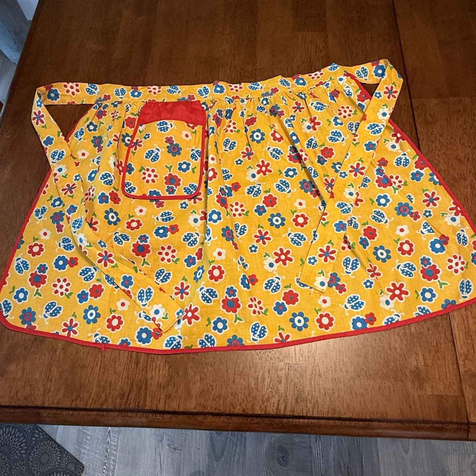 Vintage 1960-1970\'s Orange Red Blue Green Half Hostess Apron  Flowers Lady Bugs