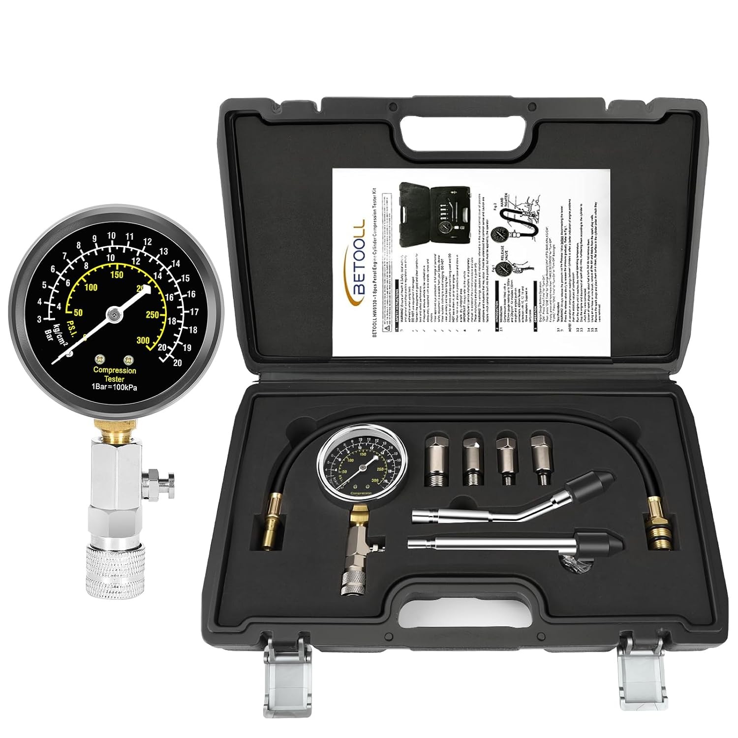 BETOOLL 8pcs Petrol Engine Cylinder Compression Tester Kit Automotive Tool Gauge