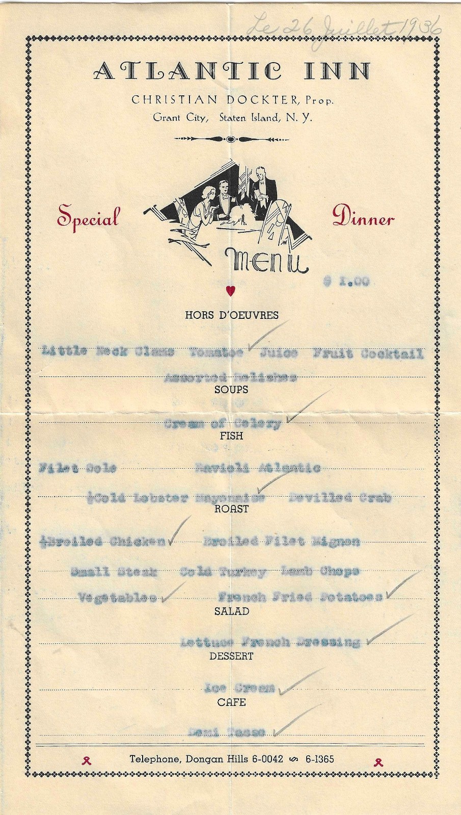 1936 Atlantic Inn Menu Grant City Staten Island NY Antique Hotel Restaurant