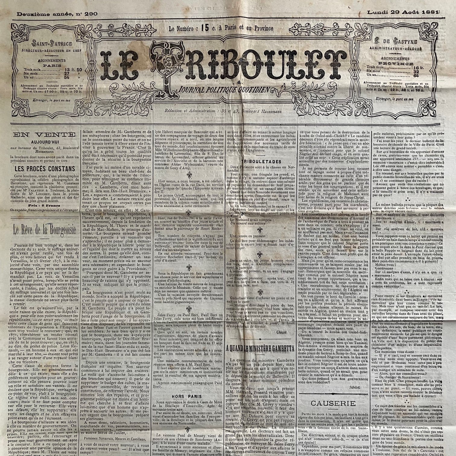 Journal LE TRIBOULET 29/08/1881 # Rare Monarchist Daily Gambetta Elections