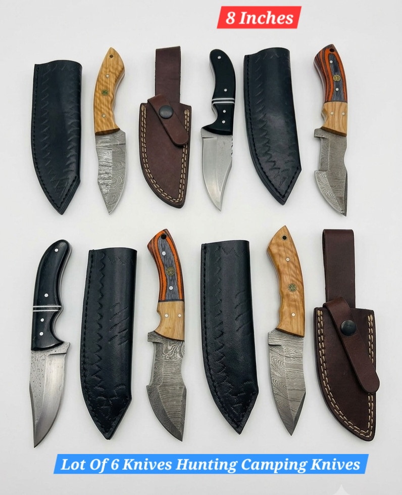 Lot of 6 HANDMADE DAMASCUS STEEL HUNTING KNIVES 8 INCHES FREE LEATHER SHEATH