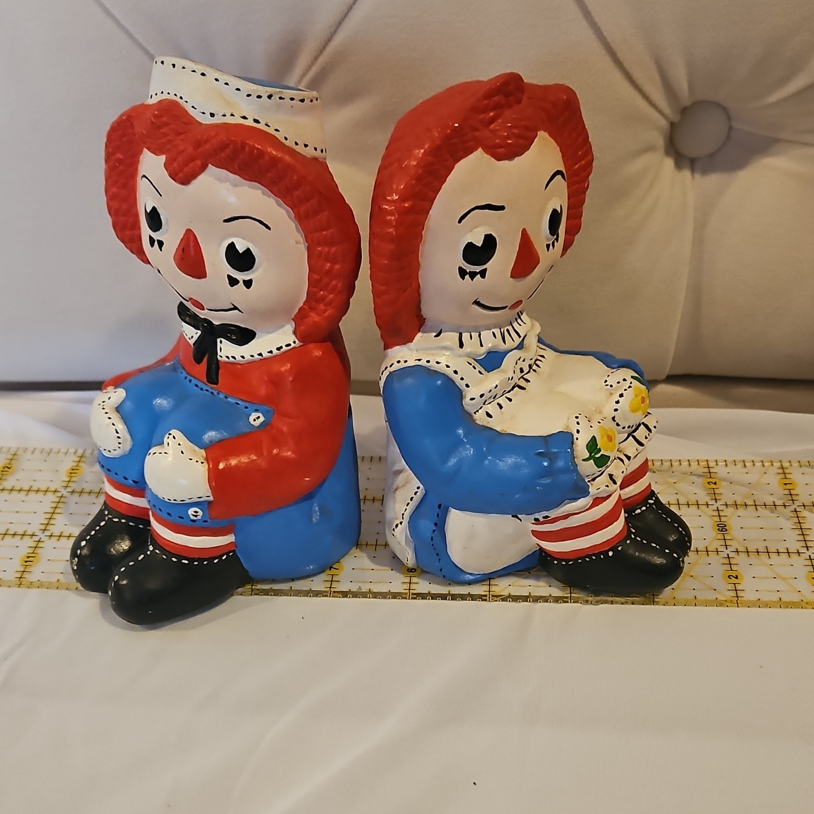 Raggedy Ann & Andy Ceramic Hand Painted Bookends by MB 1974 Multicolor Dolls