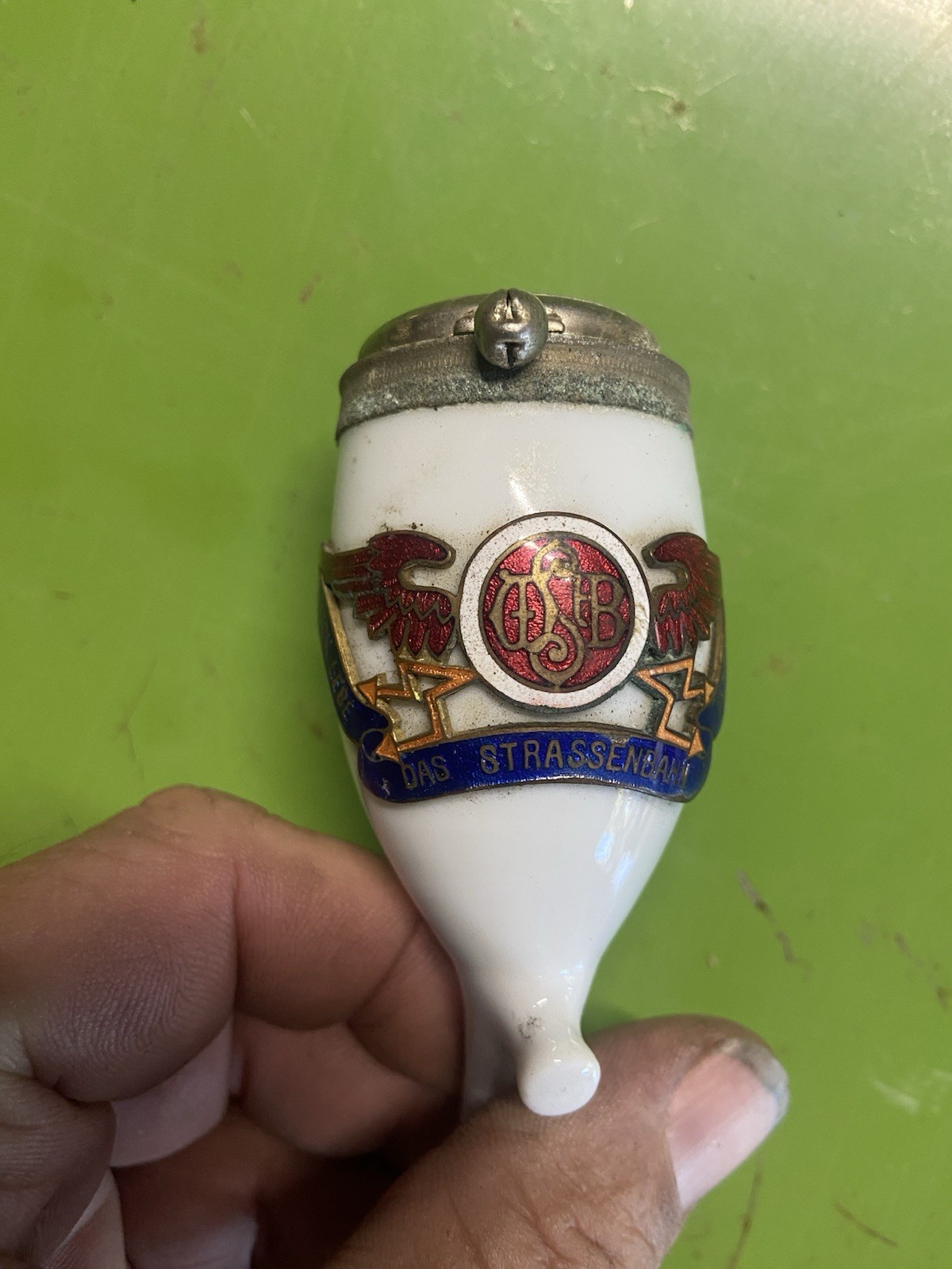 Antique German Porcelain Pipe Bowl Hand Painted Coat of Arms Crest