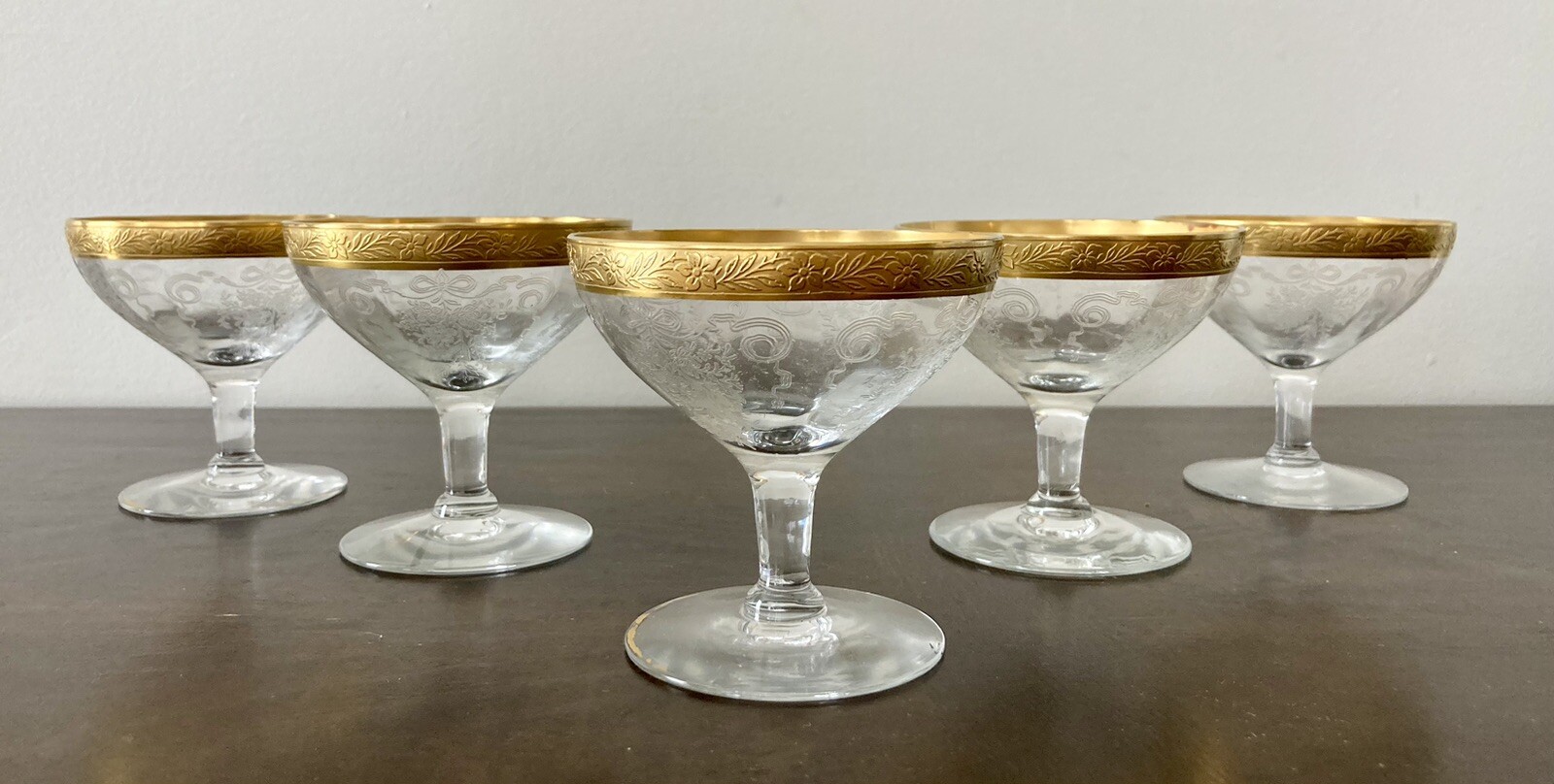 Tiffin Melrose Gold Encrusted Etched Coupe Sherbet Champagne Glasses Set 5 Tiffin Melrose Gold Encrusted Etched Coupe Sherbet Champagne Glasses Set 5