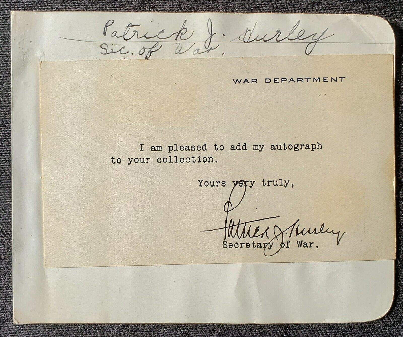 1930s/40s US Secretary Of War Patrick J. Hurley Autograph Card