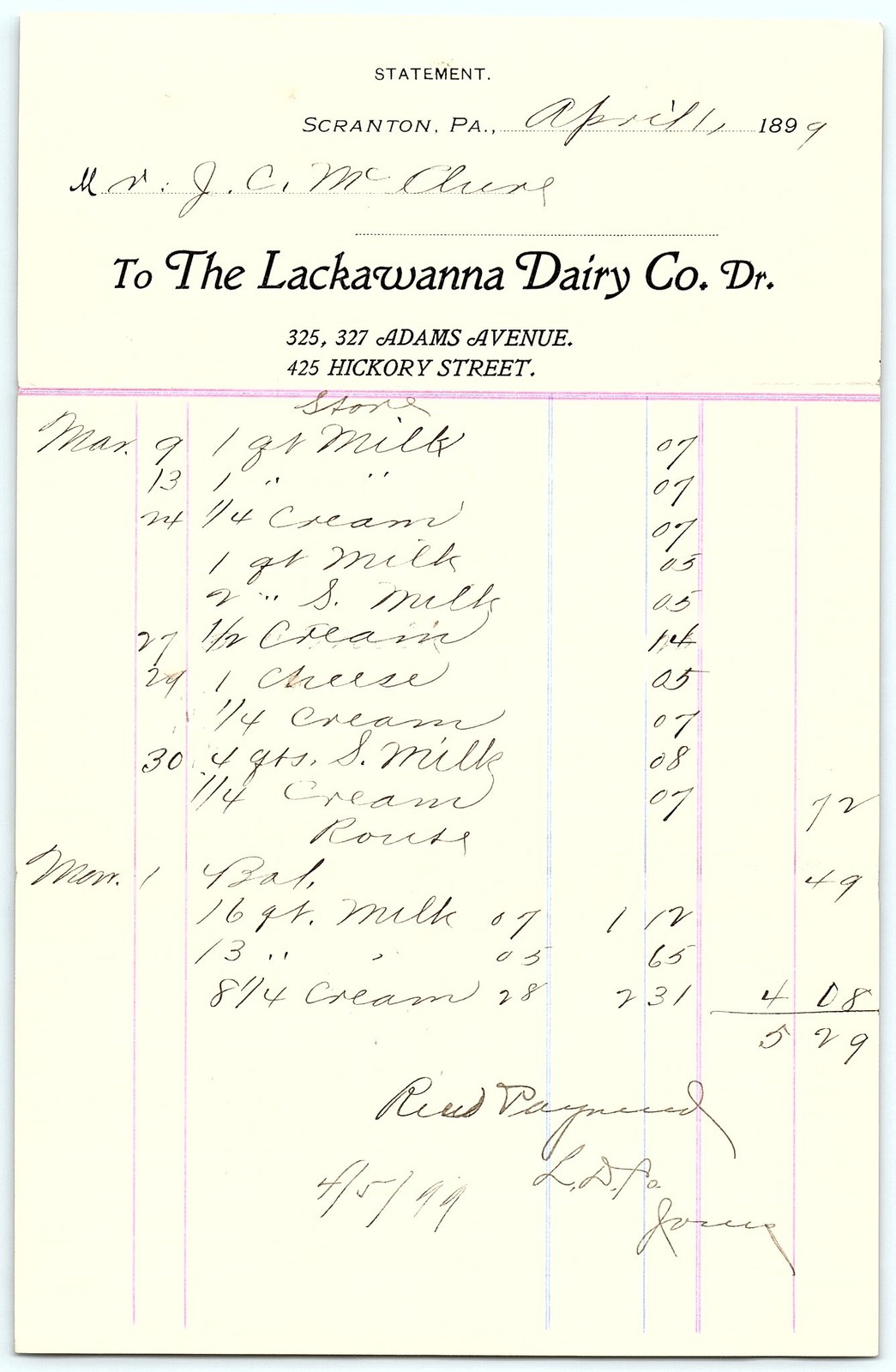 1899 Lackawanna Dairy Co. billhead w/milk, cream, cheese