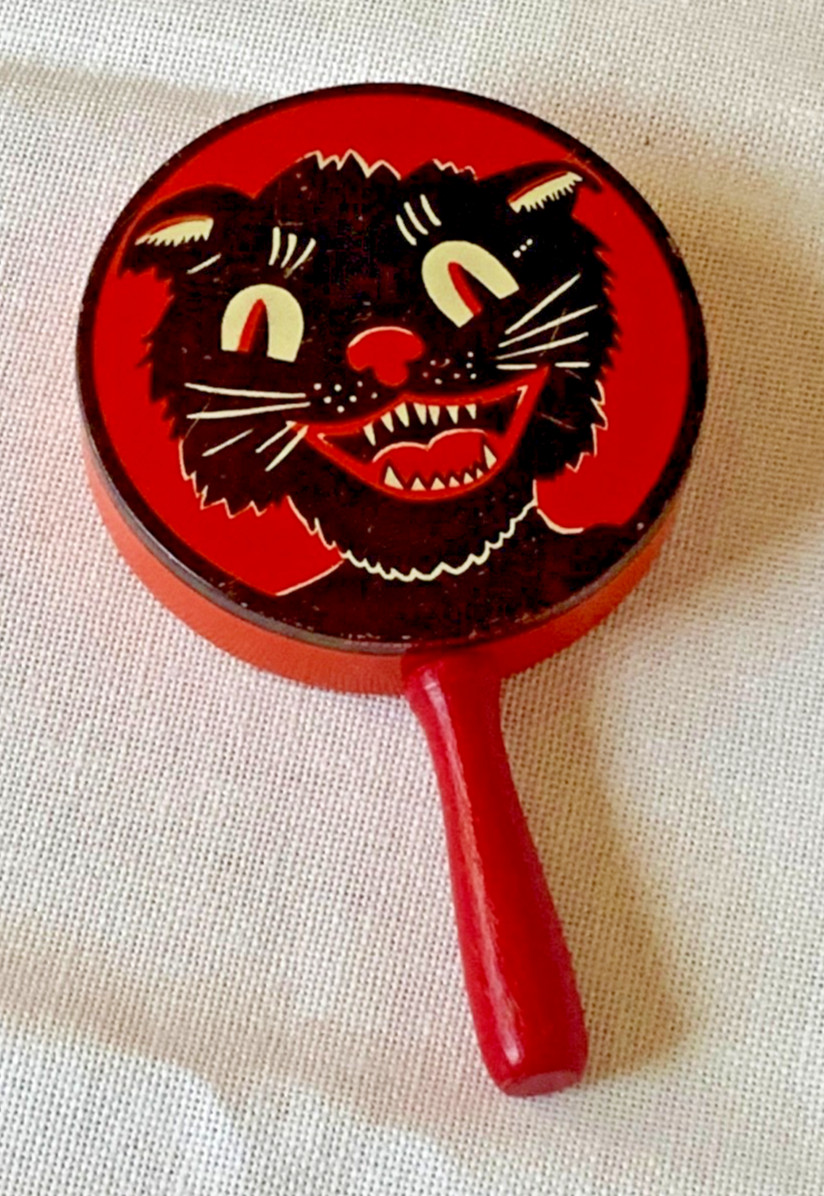 Vintage 1950’s Halloween Tin Litho Black Cat Noisemaker, Kirchhof RARE FIND