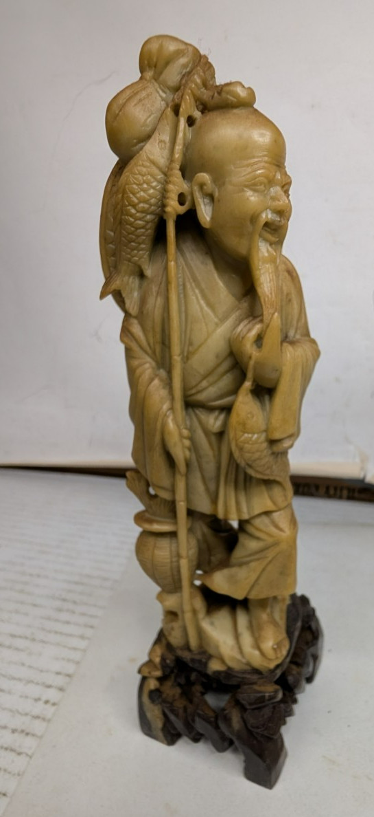 Antique Oriental Chinese Soapstone Fisher Man Statue Figurine  9 3/4 \