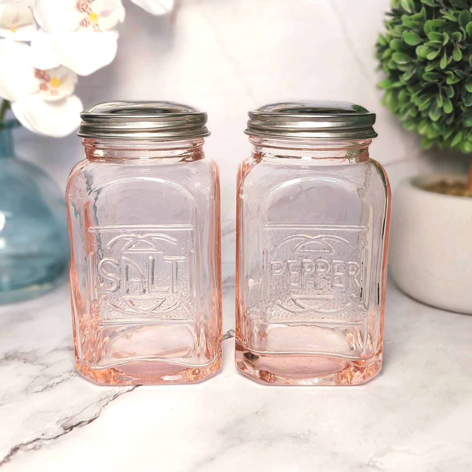 Pink Depression Style Glass Salt & Pepper Shakers, Vintage Kitchen, Retro