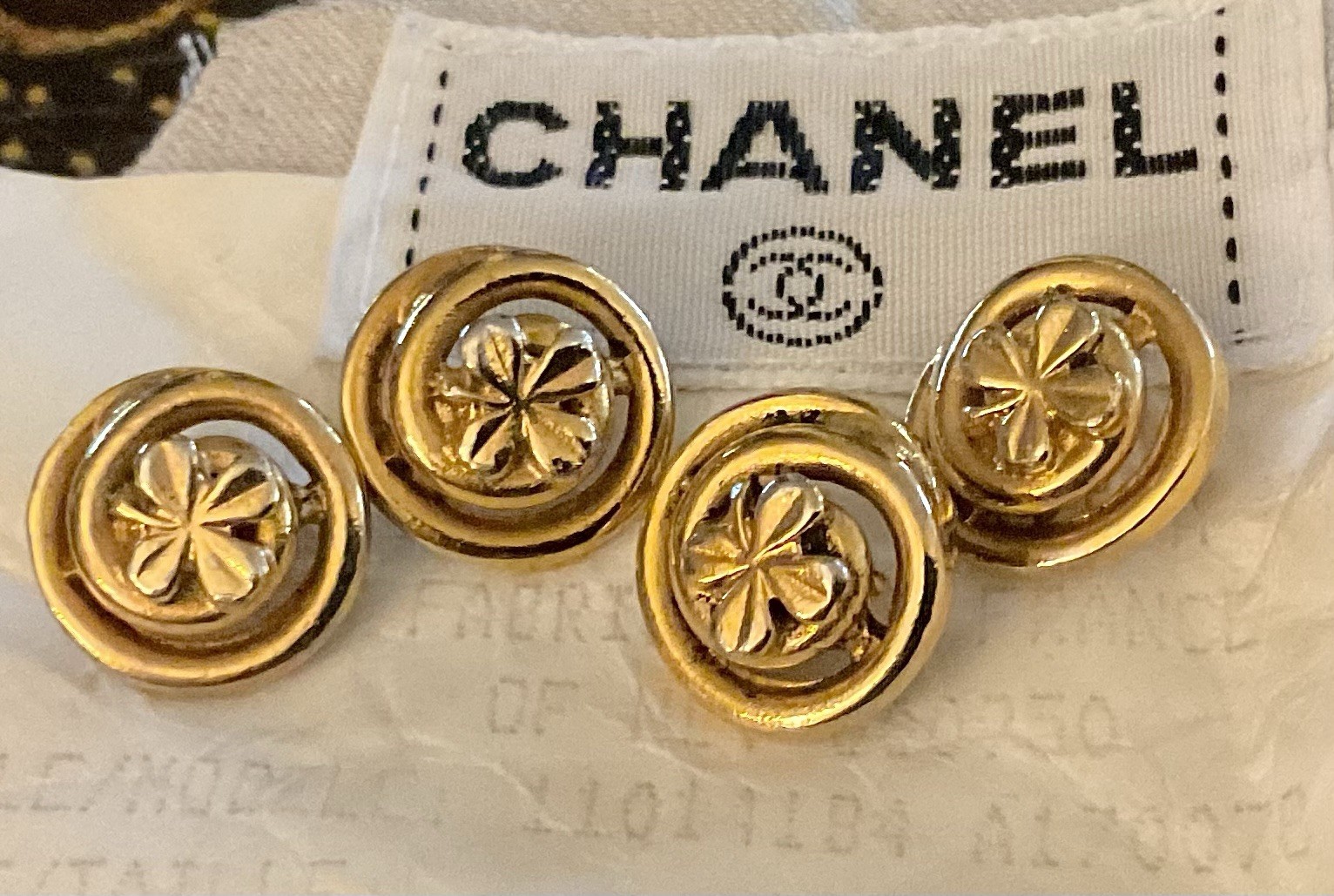 4 CHANEL Clover Gold Button Set ~ 1/2” Small Shamrock Vintage Stamped Authentic 4 CHANEL Clover Gold Button Set ~ 1/2” Small Shamrock Vintage Stamped Authentic
