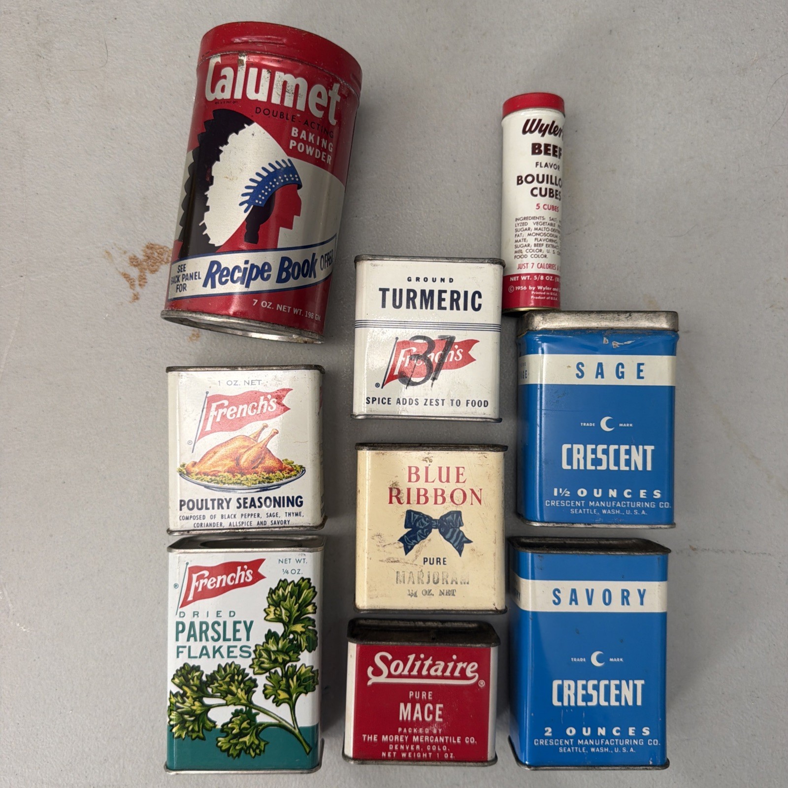 Old Kitchen Vtg spice Tin Can Lot 9 , 40’4 50’s French’s Blue Ribbon Crescent Old Kitchen Vtg spice Tin Can Lot 9 , 40’4 50’s French’s Blue Ribbon Crescent