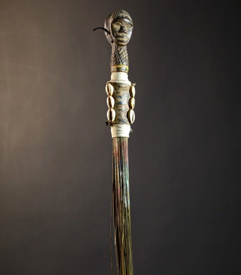 African Fly Whisk Hand Carved Wood Cowrie Shell Decor -G4776