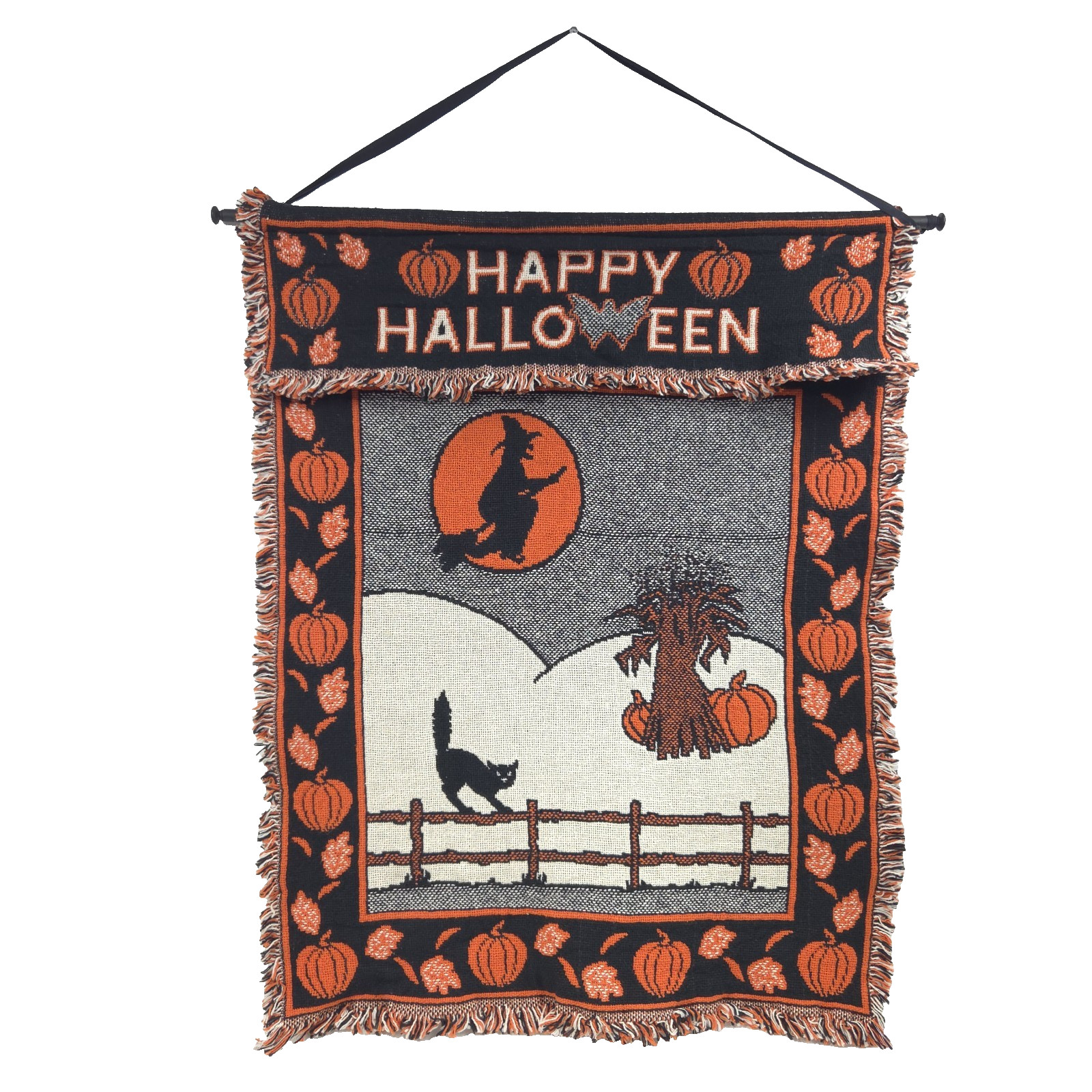 Vtg 90s HAPPY HALLOWEEN Tapestry Woven MWW Wall Hanging WITCH Moon Cat 1991 Rare