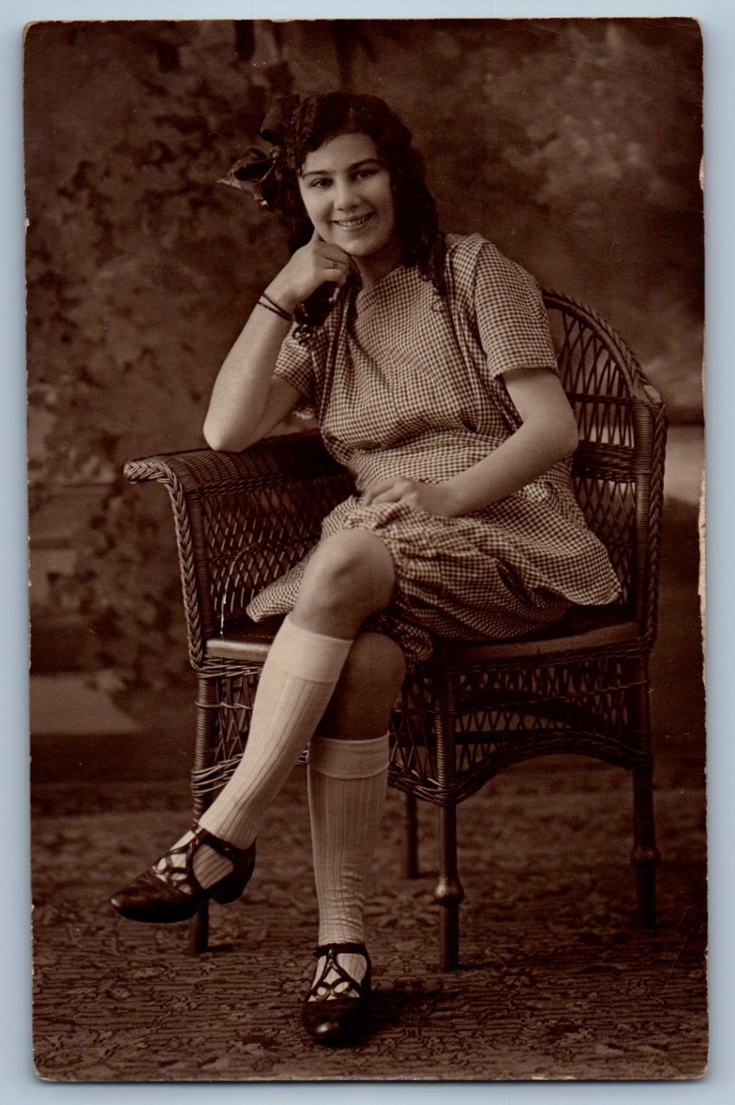 c1920\'s Smiling Pretty Woman Sat On Chair Studio RPPC Photo Vintage Postcard c1920\'s Smiling Pretty Woman Sat On Chair Studio RPPC Photo Vintage Postcard