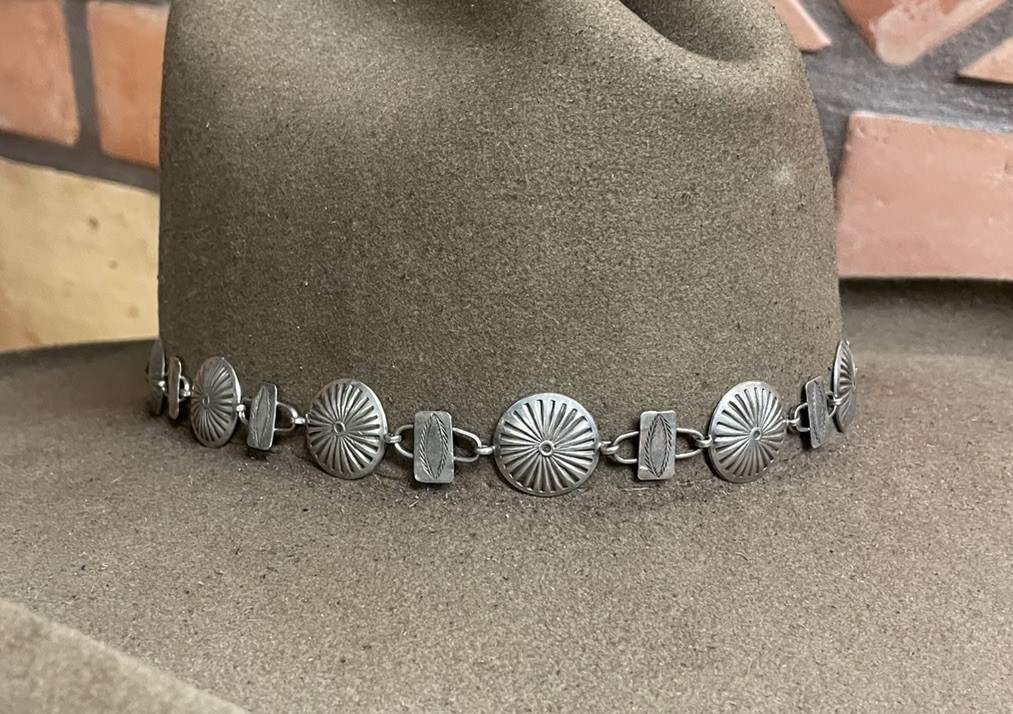 NEW BRAIDED VINTAGE NAVAJO STERLING SILVER  CONCHO BOLO HATBAND Olive/ Chocolate