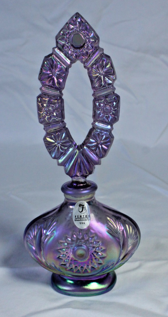 VTG Fenton Amethyst Iridescent Purple Glass Vanity Perfume Bottle & Stopper 7.5” VTG Fenton Amethyst Iridescent Purple Glass Vanity Perfume Bottle & Stopper 7.5”
