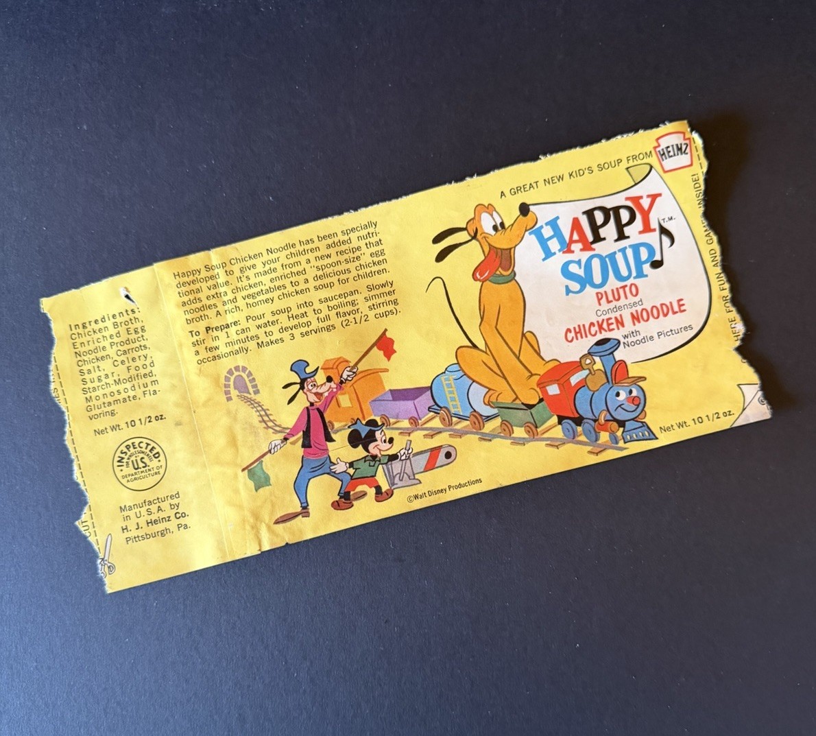 Vintage 1960s Disney Heinz Happy Soup PLUTO CHICKEN NOODLE Yellow Food Can Label Vintage 1960s Disney Heinz Happy Soup PLUTO CHICKEN NOODLE Yellow Food Can Label