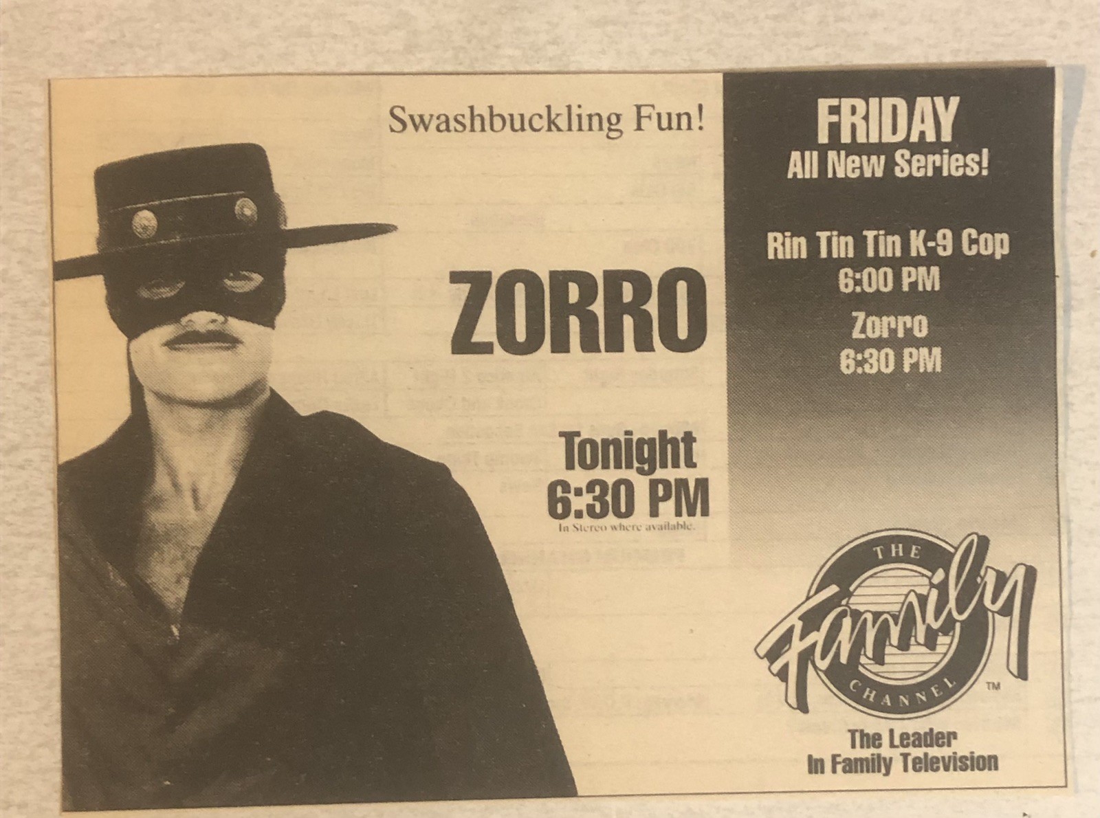 Zorro The Family Channel Vintage Print Ad Advertisement Tpa31 Zorro The Family Channel Vintage Print Ad Advertisement Tpa31