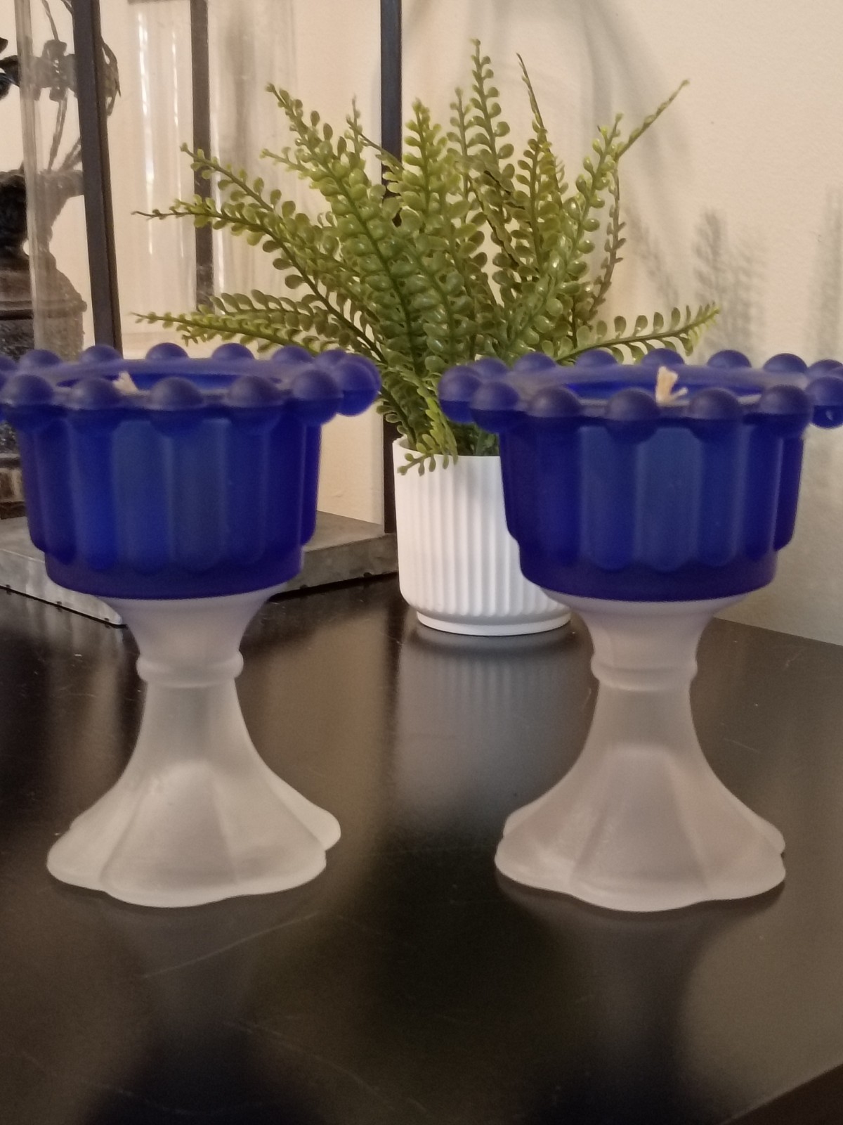 Vintage Cobalt Blue Glass Candle Holder  Satin Glass Bobble Edge Pair Excellent 