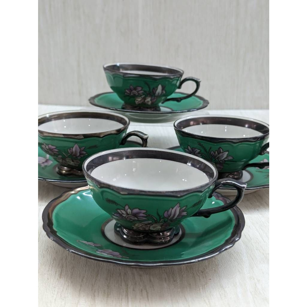 Vintage RW Bavaria Cup & Saucer Porcelain Floral Green White Set of 4 Germany Vintage RW Bavaria Cup & Saucer Porcelain Floral Green White Set of 4 Germany