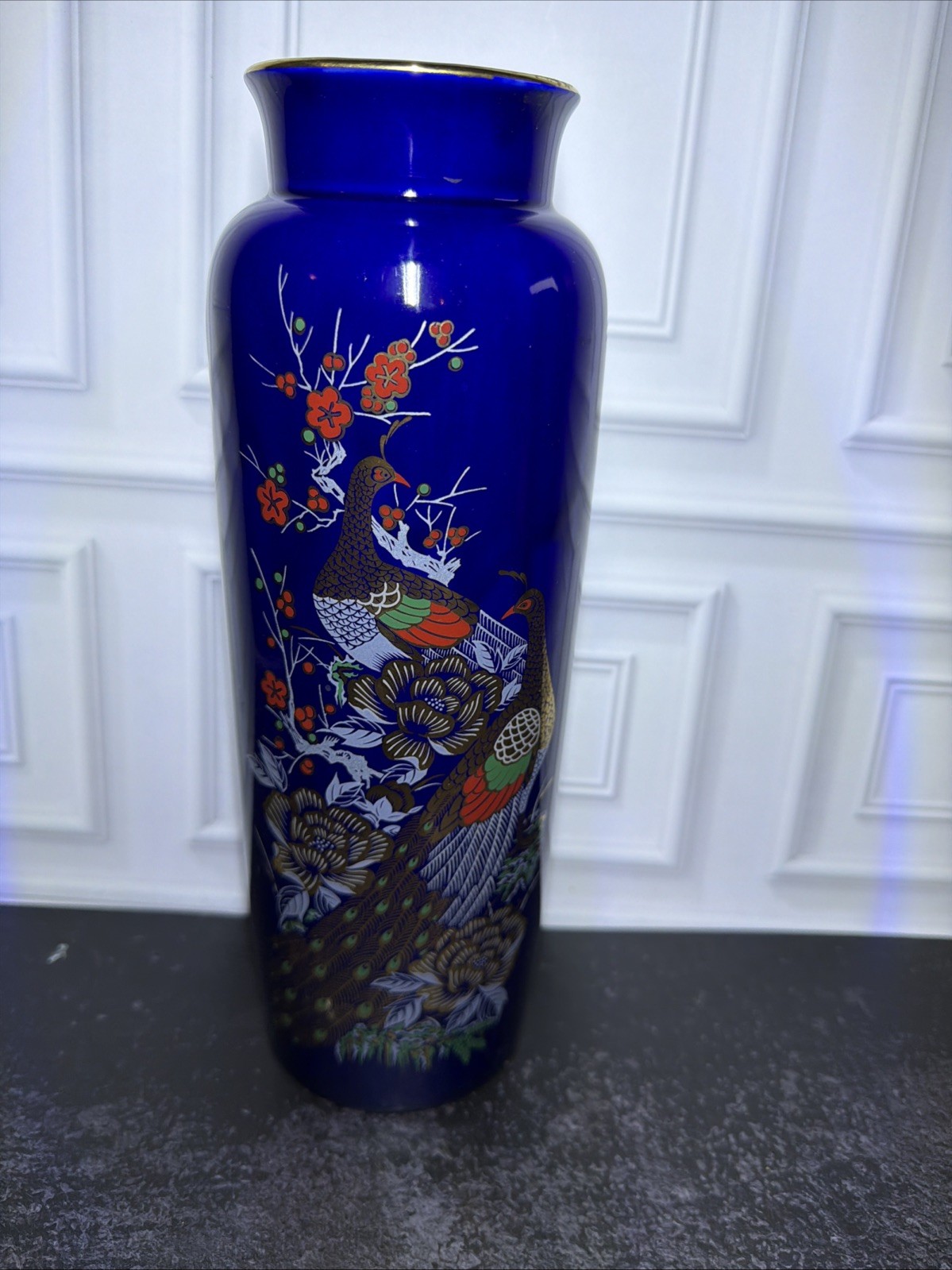 Vintage Japanese Cobalt Blue Porcelain Peacock Floral Vase Gold Trim 10.5\