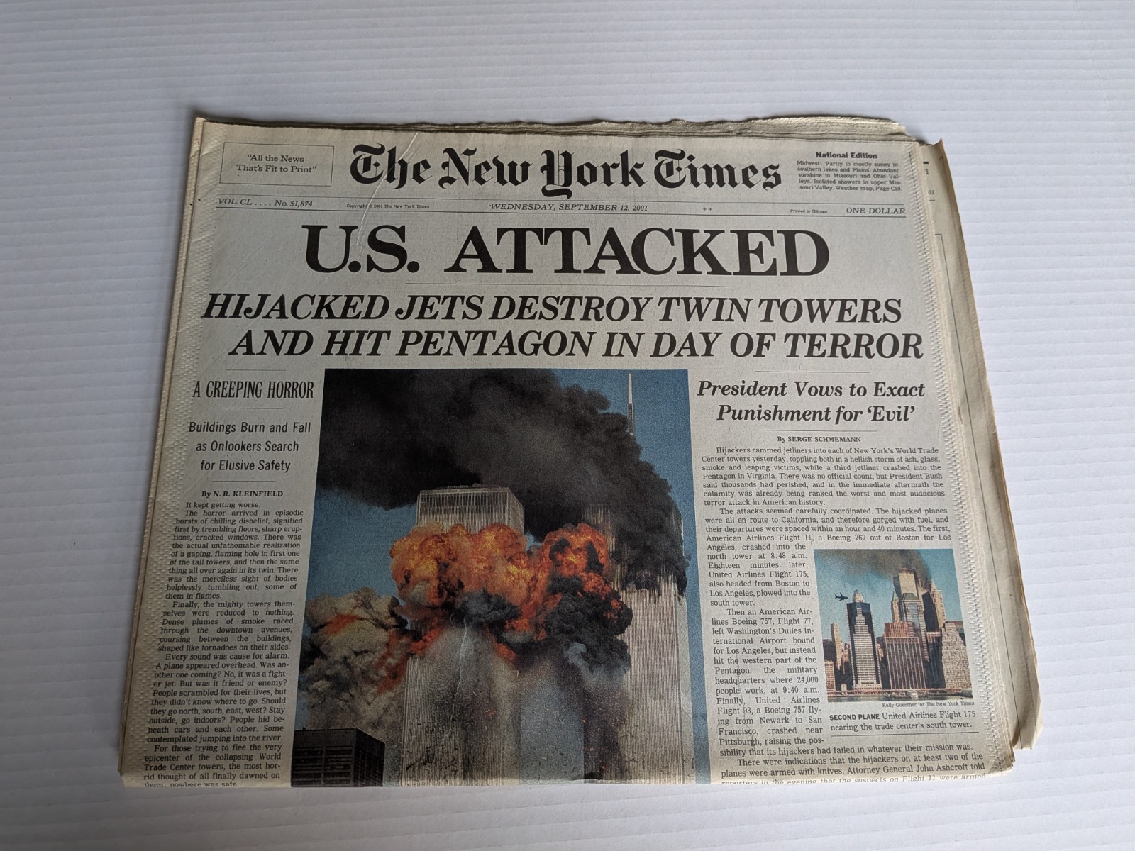 Original & Complete New York Times Newspaper - September 12, 2001, U.S. ATTACKED Original & Complete New York Times Newspaper - September 12, 2001, U.S. ATTACKED
