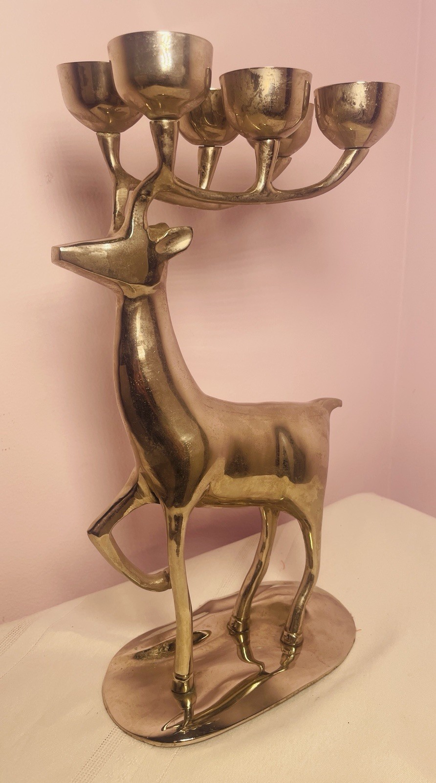 Vtg Silver Plated Brass Reindeer Candelabra 6 Votive Candle Holder Large Deer