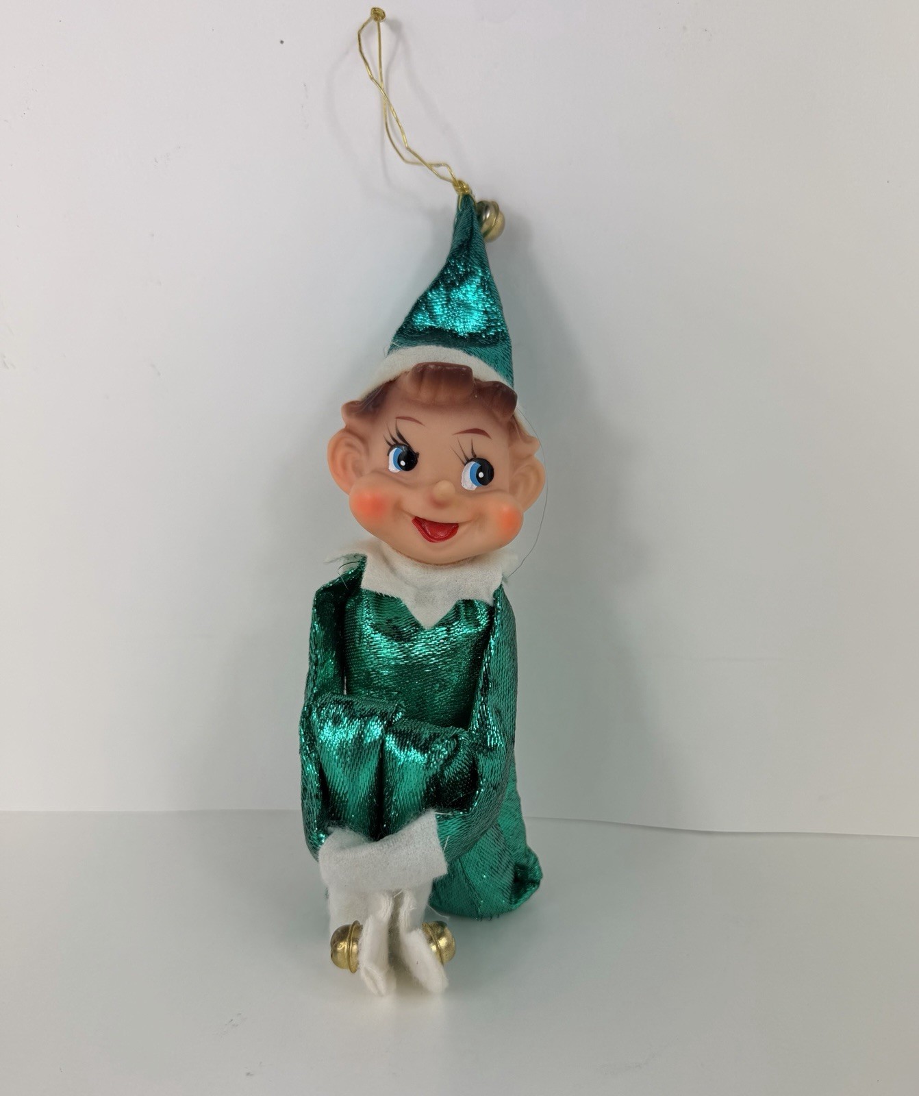 Vintage Green Sparkle Metallic Outfit Knee Hugger Elf Christmas Ornament Japan Vintage Green Sparkle Metallic Outfit Knee Hugger Elf Christmas Ornament Japan
