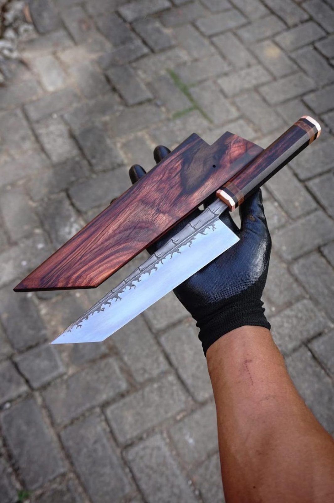 Hand Forged Fantasy Steel Chef Knife, Japanese-Style, Wooden Handle & Sheath