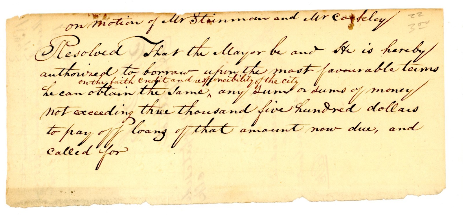1839 Handwritten Resolution Authorizing Mayor to Borrow Mr. Stinman  Coakley