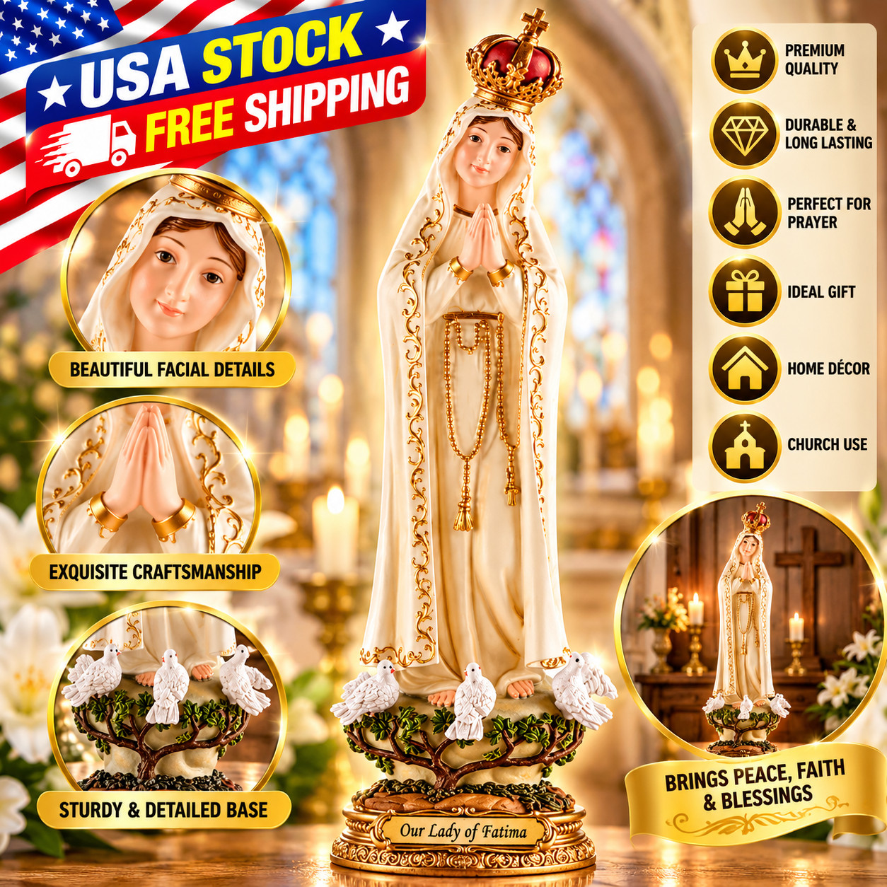 8 Inch Hand Painted Our Lady of Fatima Religious Resin Statue