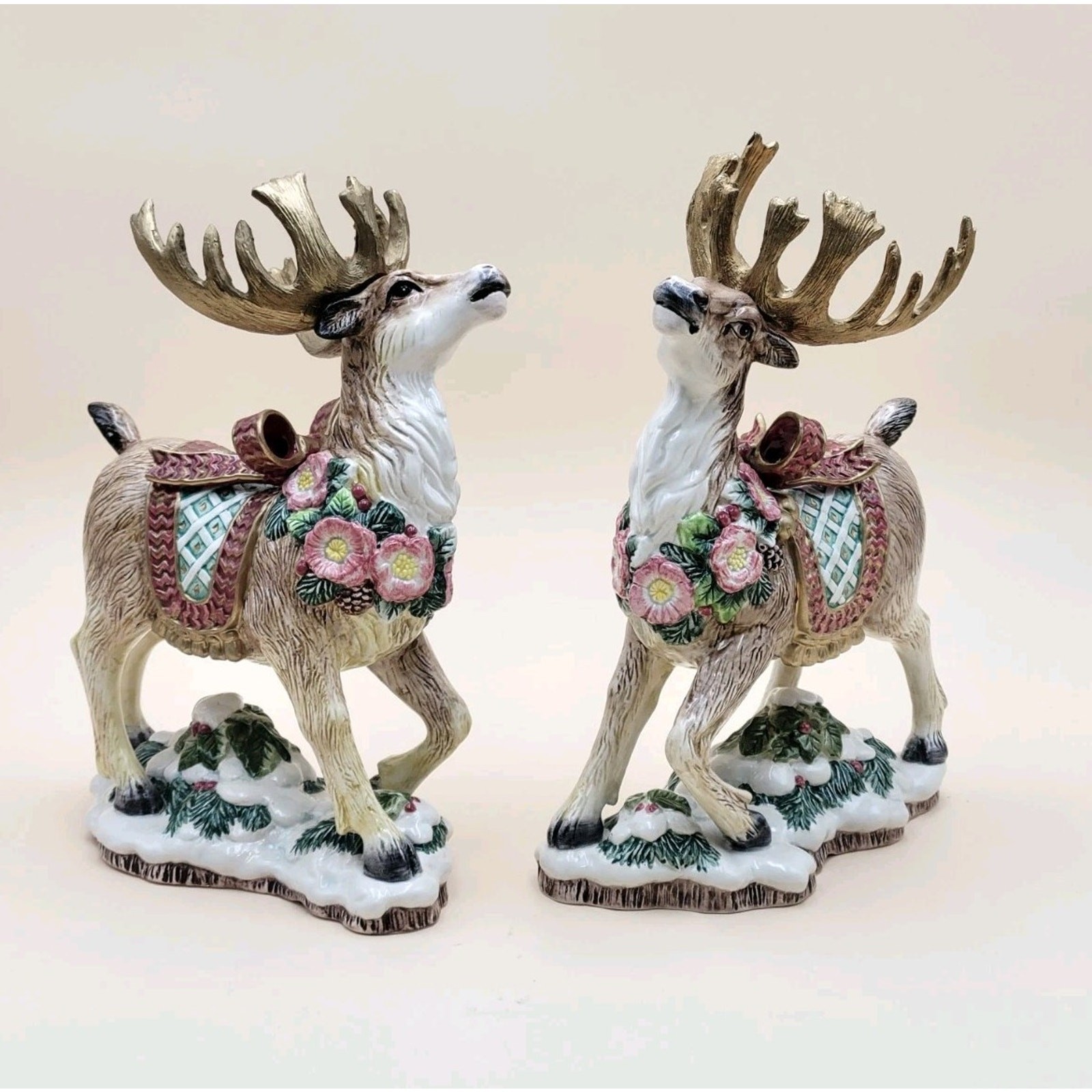 Vtg FITZ & FLOYD Christmas Pair Reindeer Candle Holders Centerpiece Bow