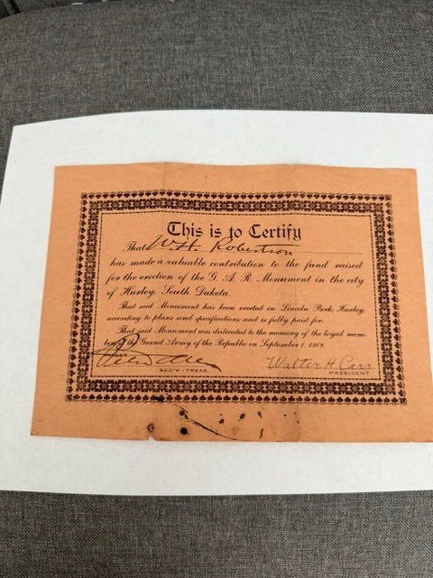 September 1, 1909 Hurley South Dakota Grand Army of the Republic Document