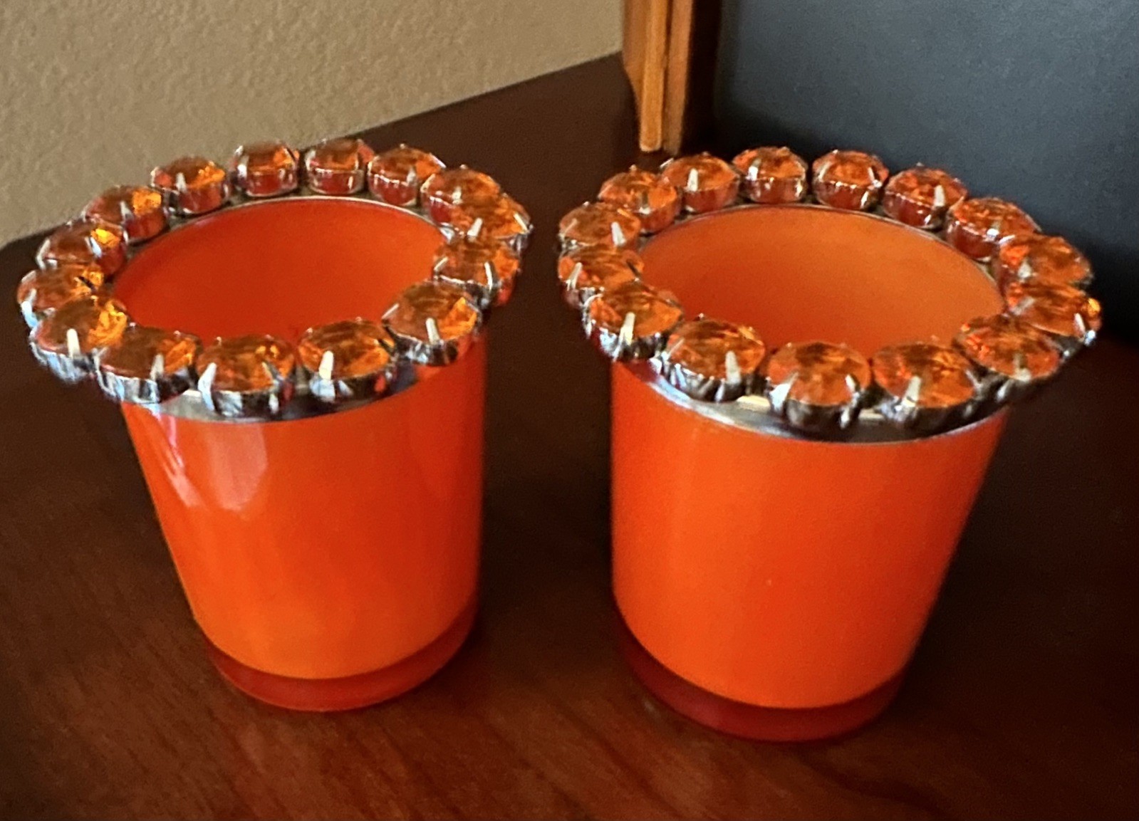 Vintage Pair Of MCM Hollywood Regency Glass Votive Holders W/Amber Rhinestones Vintage Pair Of MCM Hollywood Regency Glass Votive Holders W/Amber Rhinestones