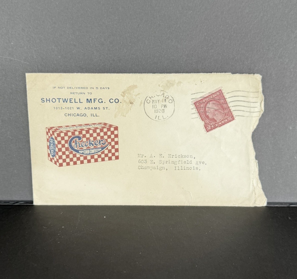 1920 Checkers Pop Corn Candy Confection SHOTWELL MFG. CO. Envelope w/ 2¢ Stamp