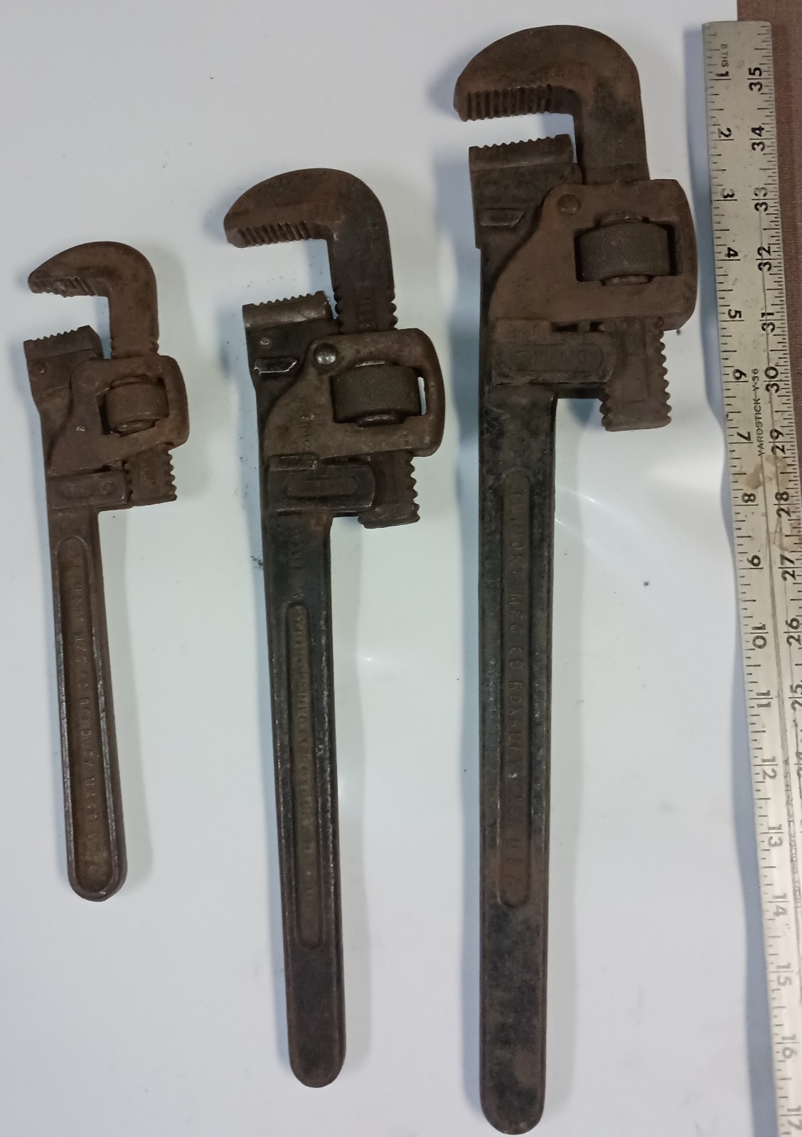 TRIMO (3) Nos. 10, 14, 18 Trimont Mfg. Co Vintage Adjustable Pipe Wrenches Lot TRIMO (3) Nos. 10, 14, 18 Trimont Mfg. Co Vintage Adjustable Pipe Wrenches Lot