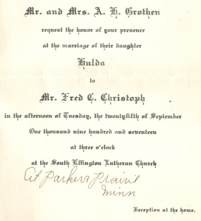 1917 PARKERS PRAIRIE MN EFFINGTON LUTHERAN CHURCH WEDDING INVITATION Z7596