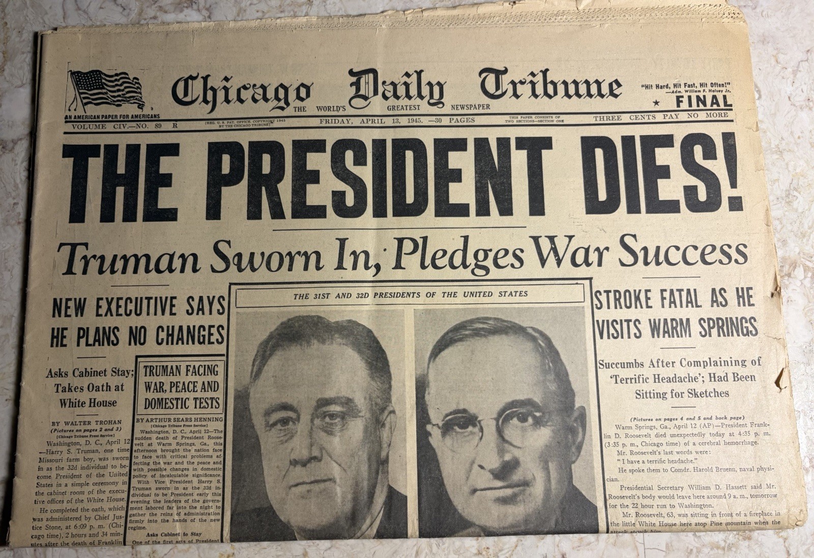 The Chicago Daily Tribune April 13, 1945 Final Edition 30 Pages President Dies