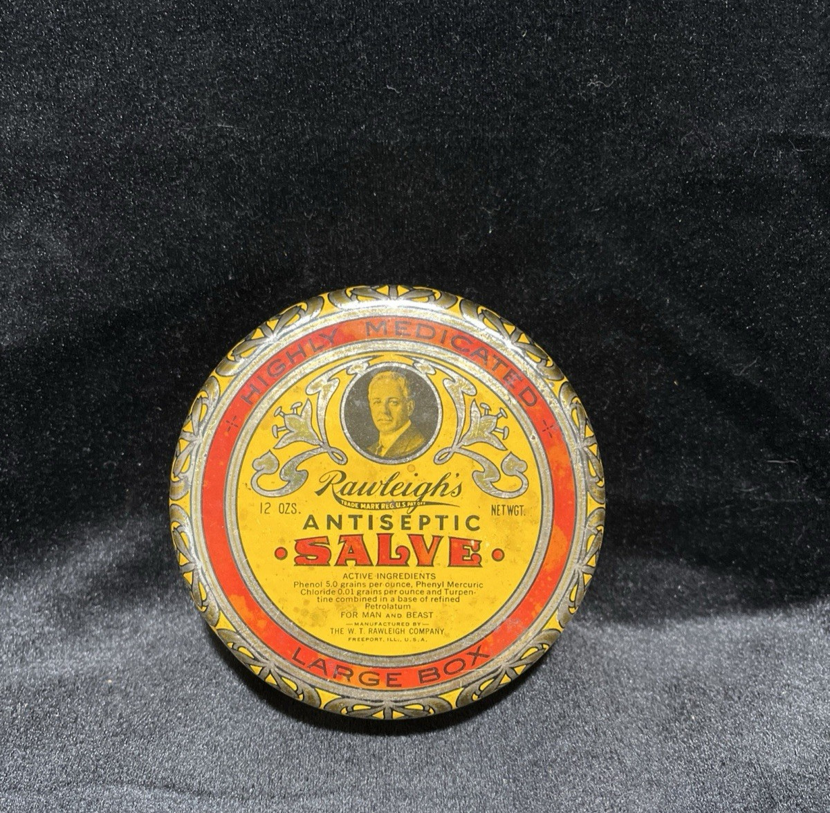 Vintage Rawleigh’s Antiseptic Salve Empty 12 Oz. Large Box Advertising Tin Vintage Rawleigh’s Antiseptic Salve Empty 12 Oz. Large Box Advertising Tin