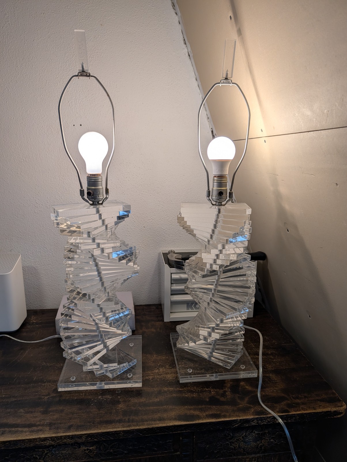 Beautiful Mid Century Modern Lucite Helix Lamp Set Beautiful Mid Century Modern Lucite Helix Lamp Set