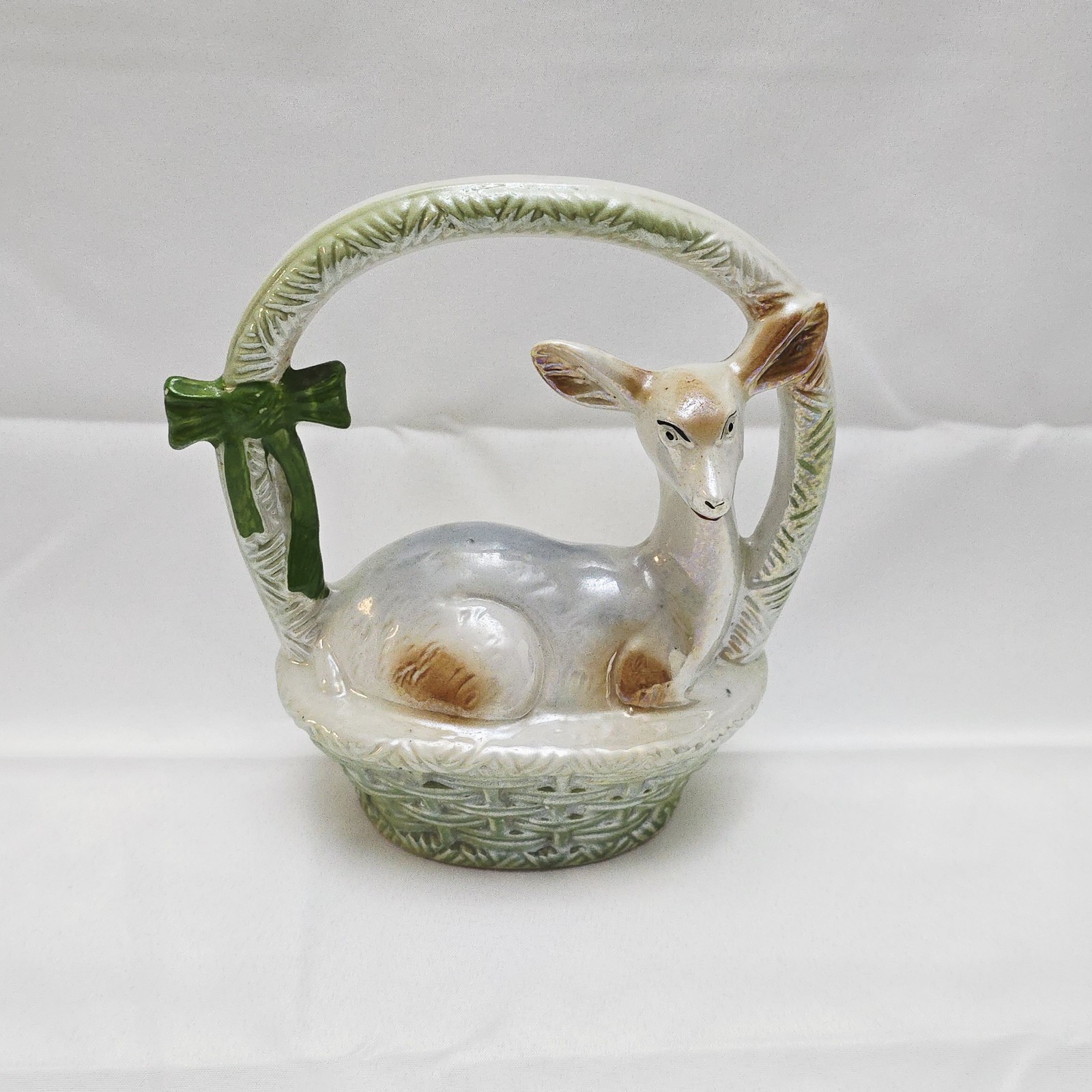Vintage Doe Deer in a Basket Lusterware Figurine Iridescent Made in Brazil