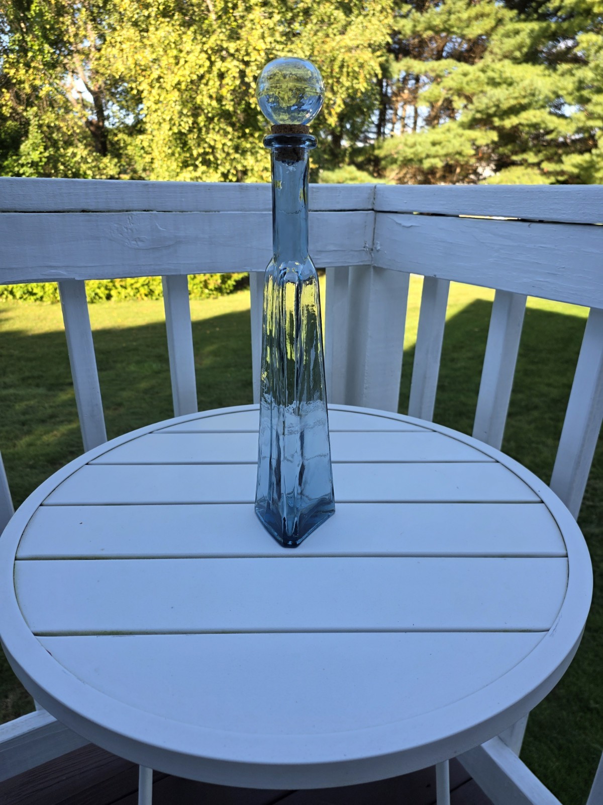 Vintage MCM Clear Blue Glass Decanter with Original Stopper, Rare Triangle Shape Vintage MCM Clear Blue Glass Decanter with Original Stopper, Rare Triangle Shape