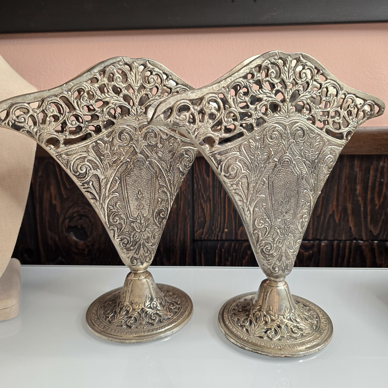 Vintage Godinger Silverplate Pedestal Vases Pair Ornate Filigree Floral