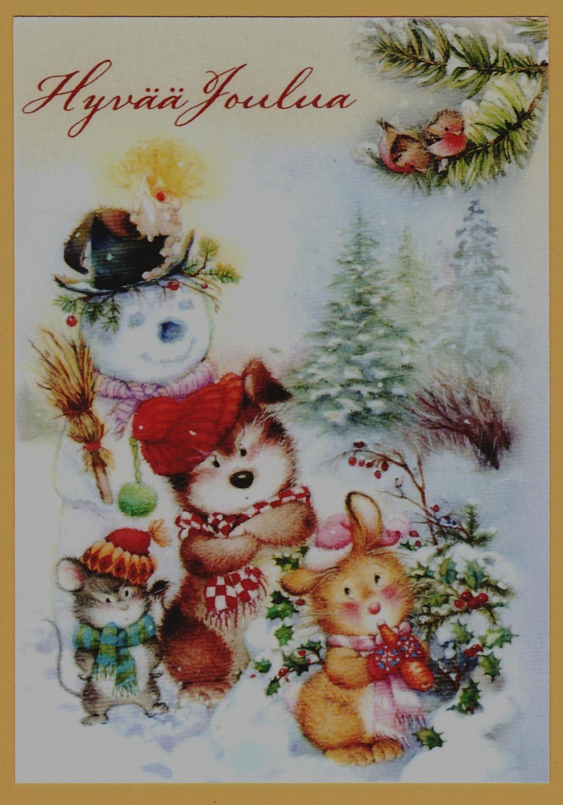 Funny ANIMALS Snowman Bunny Squirrel Lisi Martin ART Modern Xmas Postcard