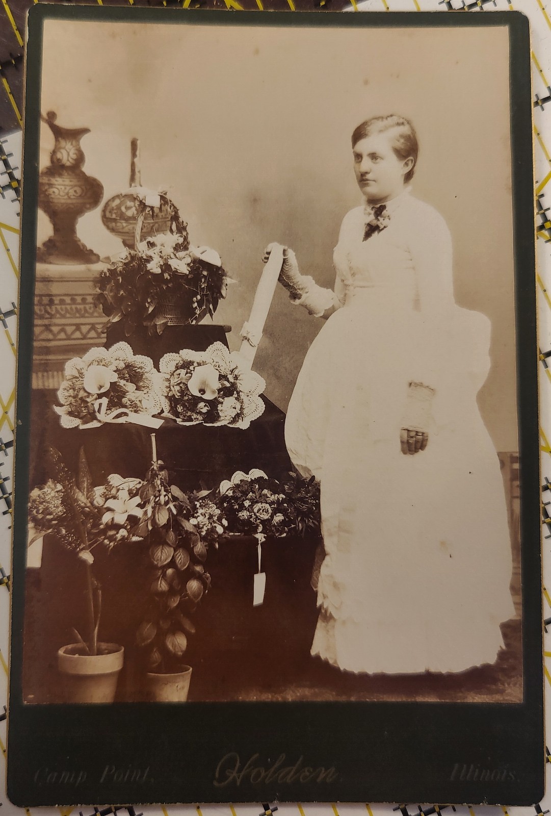 Antique Victorian Cabinet Card Woman Flowers Possible Graduation c1888 IL Antique Victorian Cabinet Card Woman Flowers Possible Graduation c1888 IL
